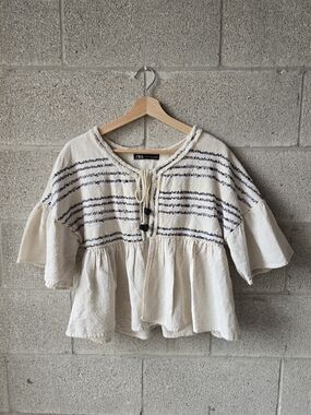 Zara Cream Tunic Top with Black Stripe Accents